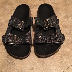 Black glitter double strap buckle sandals 7.5
